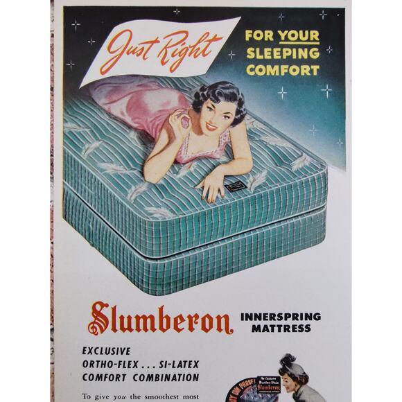 1950 Sexy Brunette on Mattress‎ Vtg MCM Print Ad Slumberton by Burton-Dixie - Picture 1 of 6